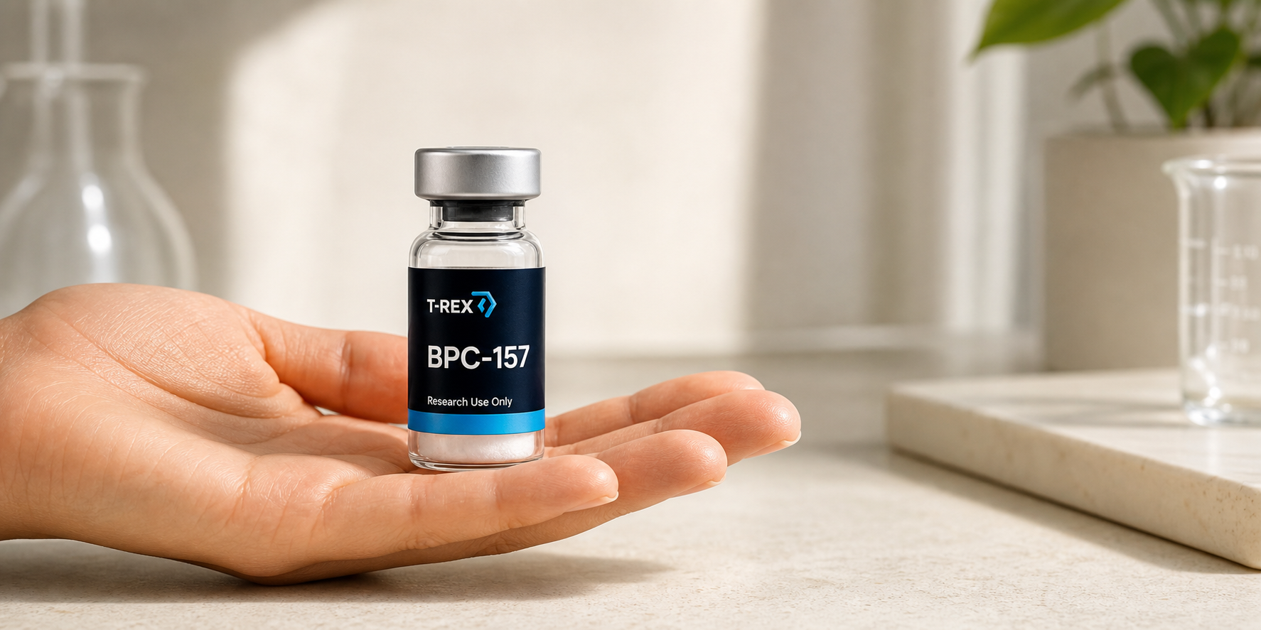 Hand presenting T-Rex BPC-157 research vial