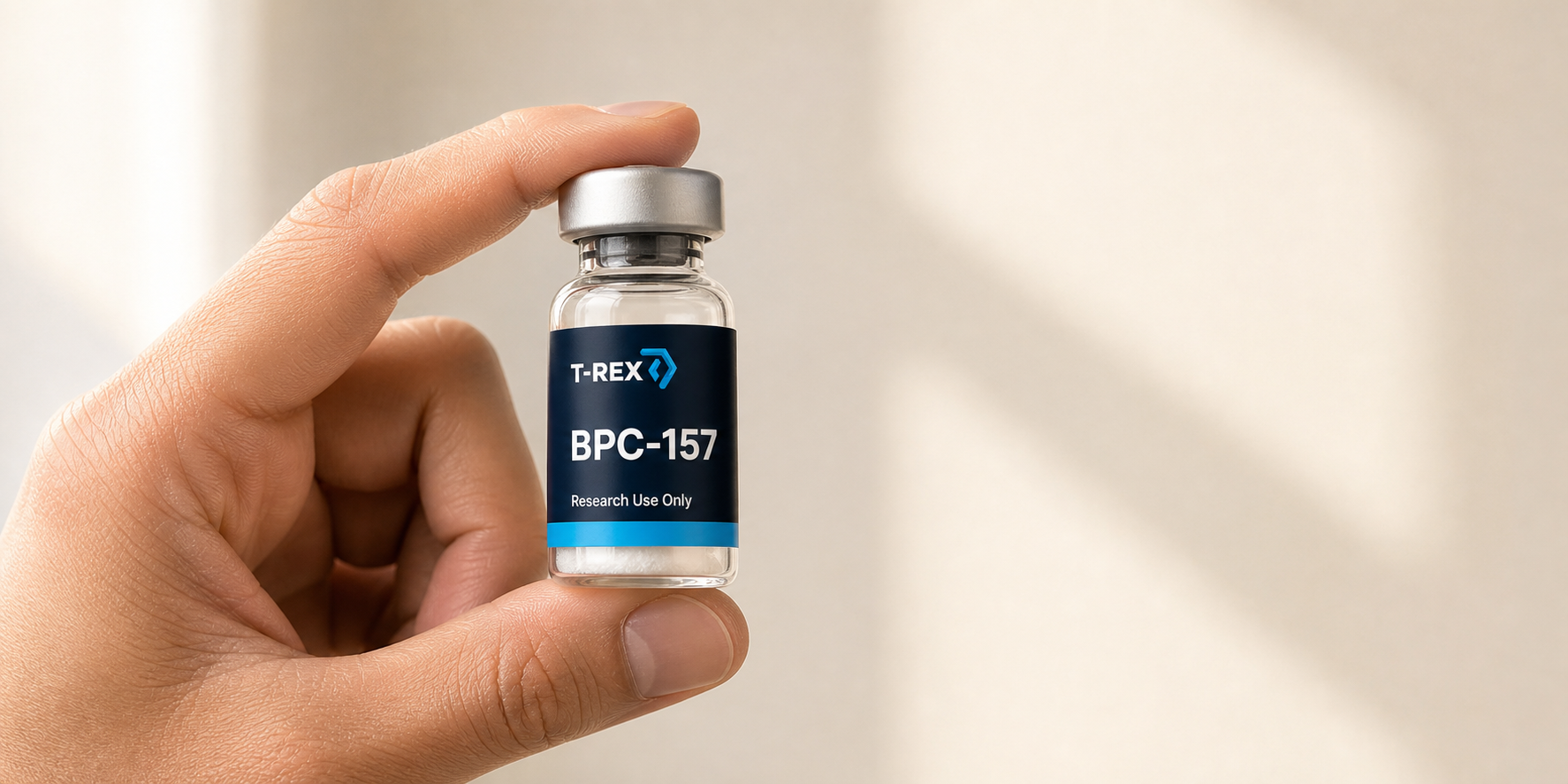Hand holding T-Rex BPC-157 research vial